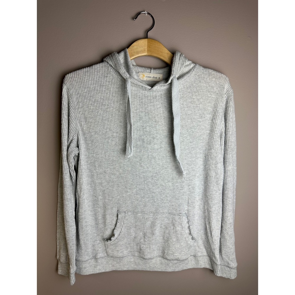 Ocean Drive Womens Gray Ribbed Knit Hoodie Pullover Kangaroo Pocket Size M